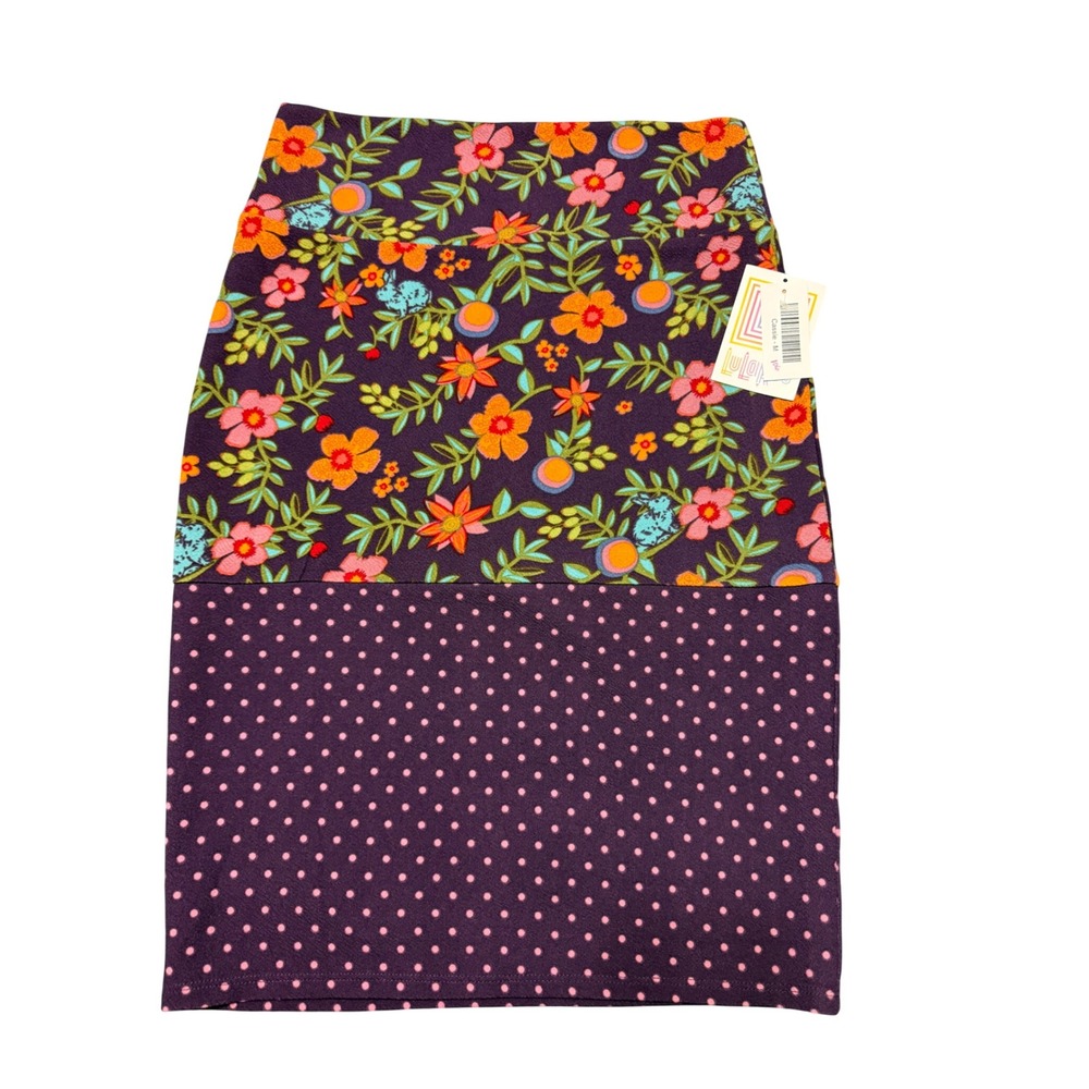 LuLaRoe Cassie Pencil Skirt Medium Purple Floral Bunny Polka Dot Mixed Print NWT